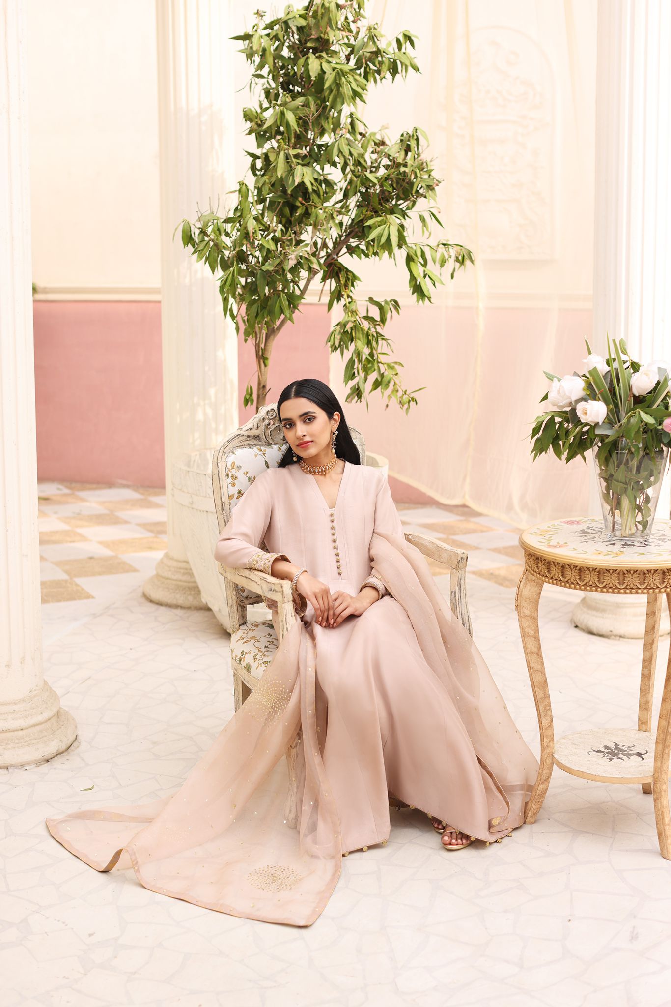 Pakistani Taupe Embroidered Raw Silk Pishwas (3-Piece) - Image 2