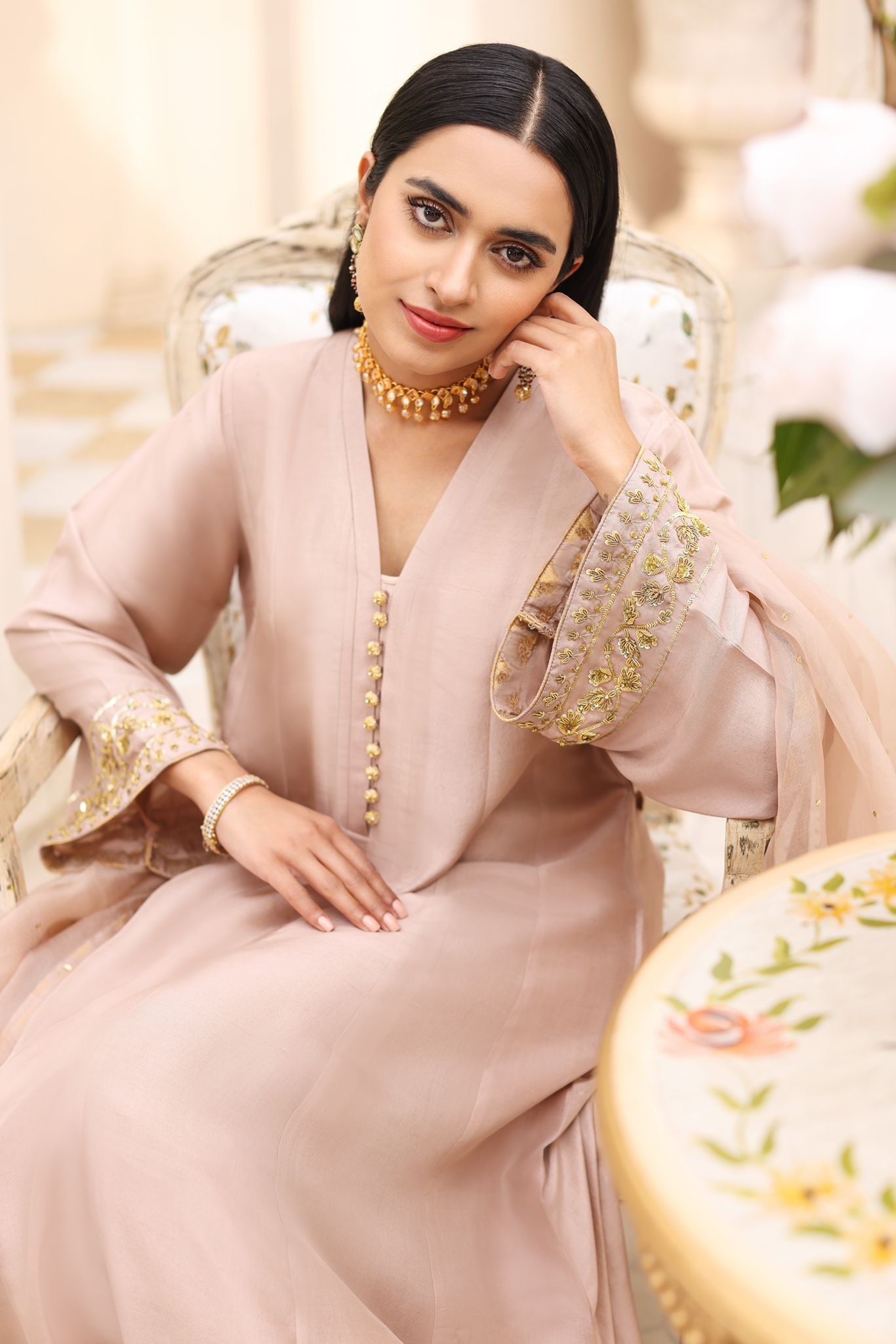 Pakistani Taupe Embroidered Raw Silk Pishwas (3-Piece) - Image 3