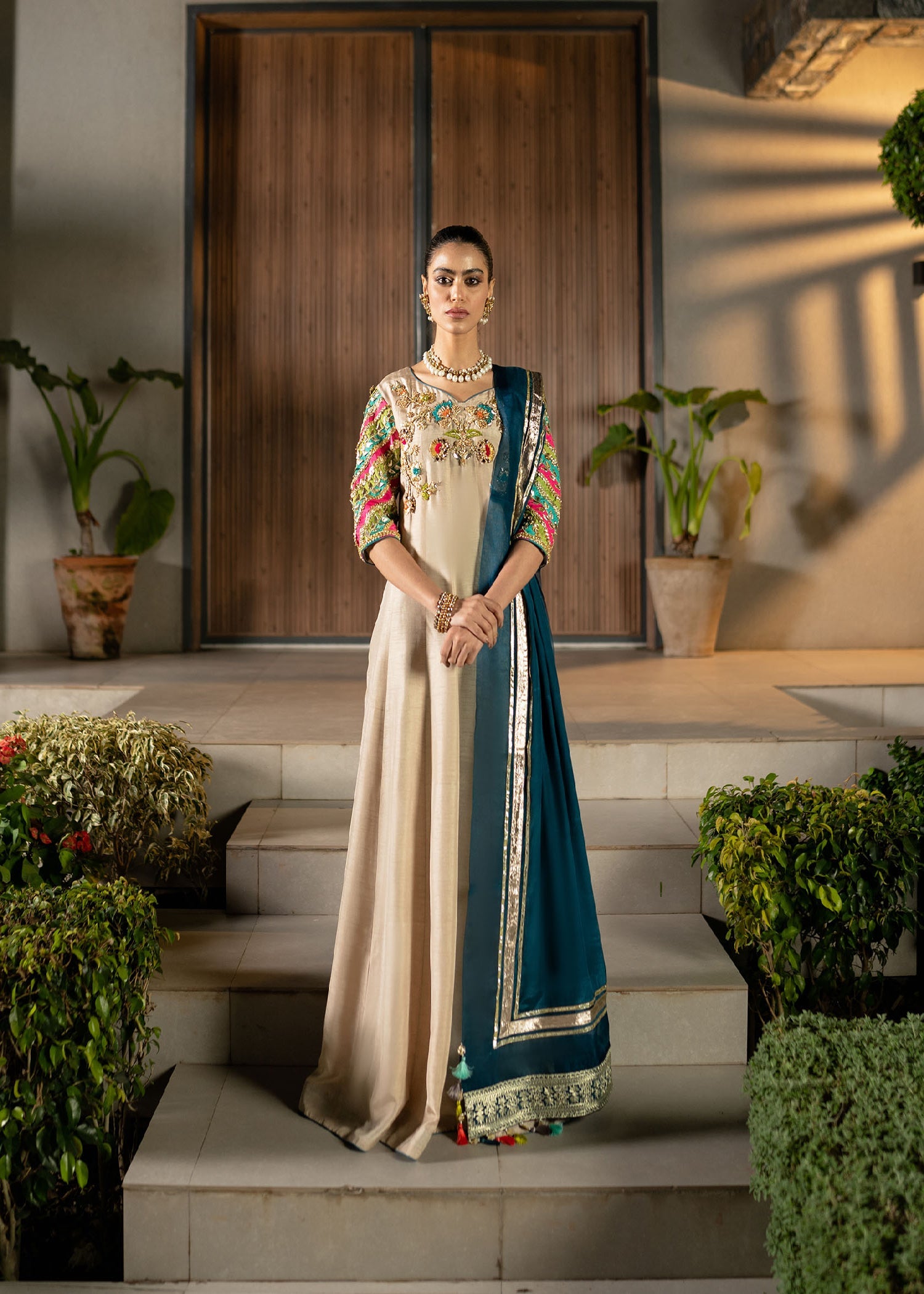 Pakistani Beige Embroidered Raw Silk Pishwas Dress (2-Piece) - Image 1