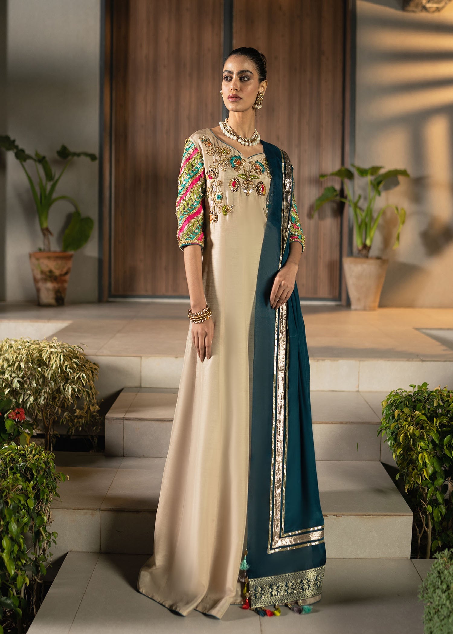 Pakistani Beige Embroidered Raw Silk Pishwas Dress (2-Piece) - Image 2