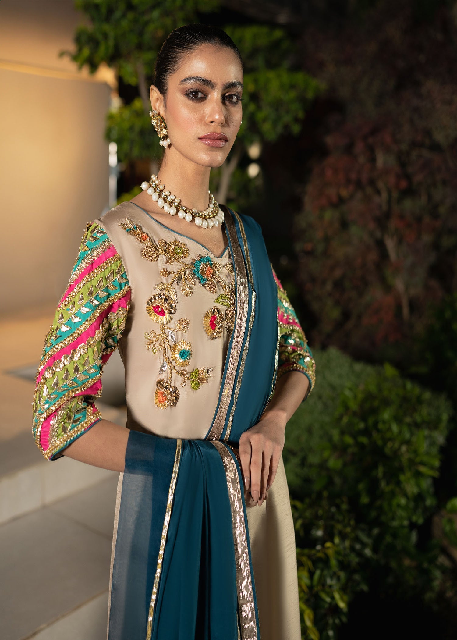 Pakistani Beige Embroidered Raw Silk Pishwas Dress (2-Piece) - Image 3