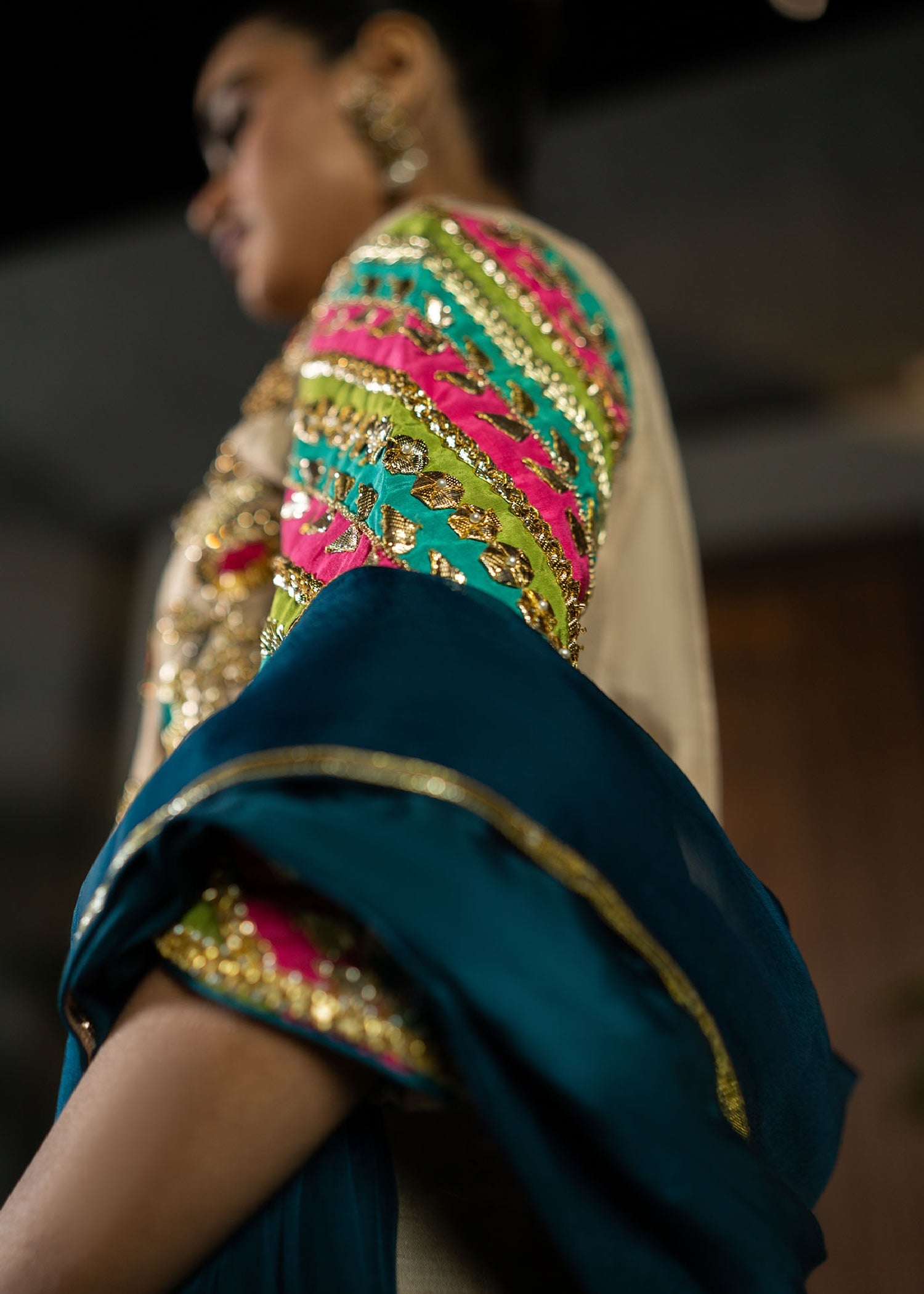 Pakistani Beige Embroidered Raw Silk Pishwas Dress (2-Piece) - Image 4