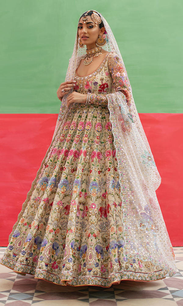 Beige Multi-Colour Embellished Silk Pishwas (3-Piece) - Image 6