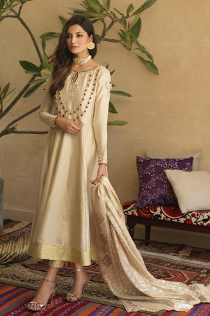 Beige Gota Embellished Silk Kalidaar Pishwas (3-Piece) - Image 1