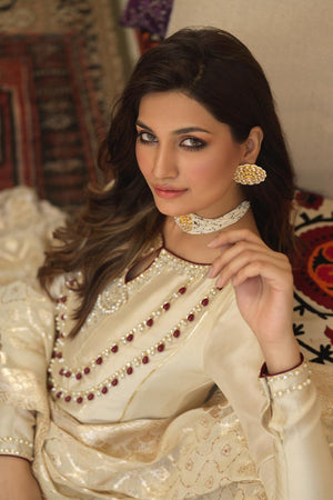 Beige Gota Embellished Silk Kalidaar Pishwas (3-Piece) - Image 5