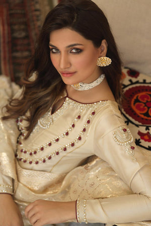 Beige Gota Embellished Silk Kalidaar Pishwas (3-Piece) - Image 6