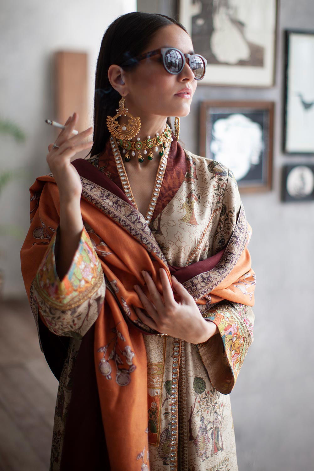 Pakistani Beige Multi Embellished Silk Pishwas (2-Piece) - Image 6