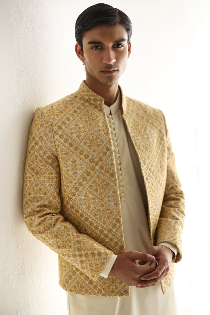 Beige Cut Dana Self-Embossed Prince Coat (2-Piece) - Image 1