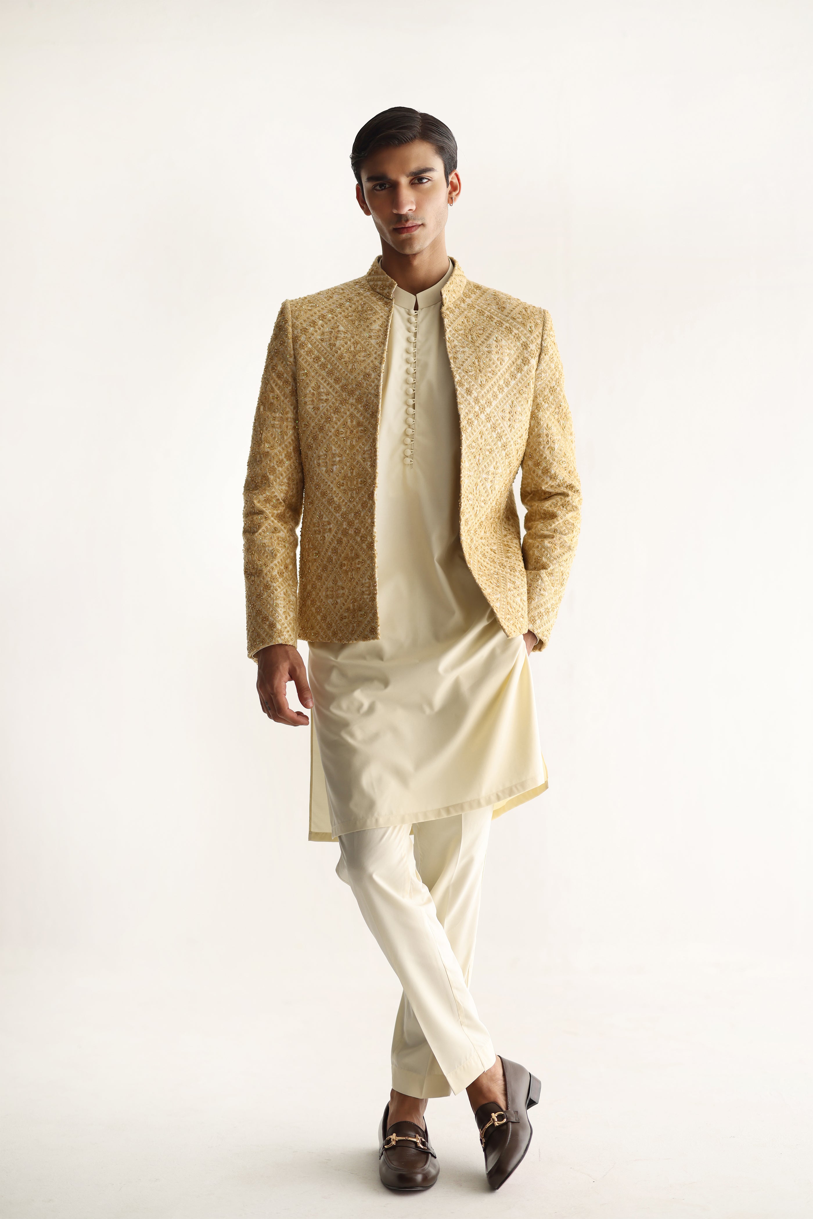 Beige Cut Dana Self-Embossed Prince Coat (2-Piece) - Image 3