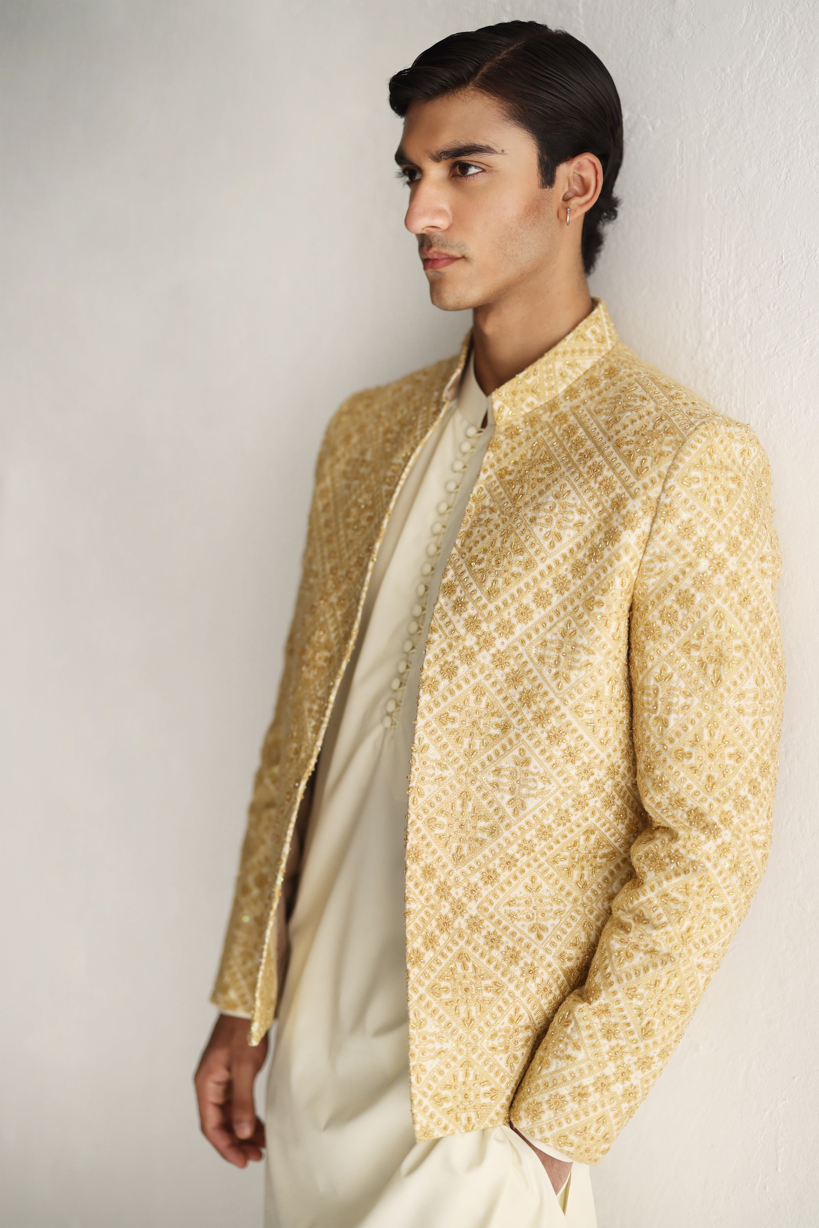 Beige Cut Dana Self-Embossed Prince Coat (2-Piece) - Image 6