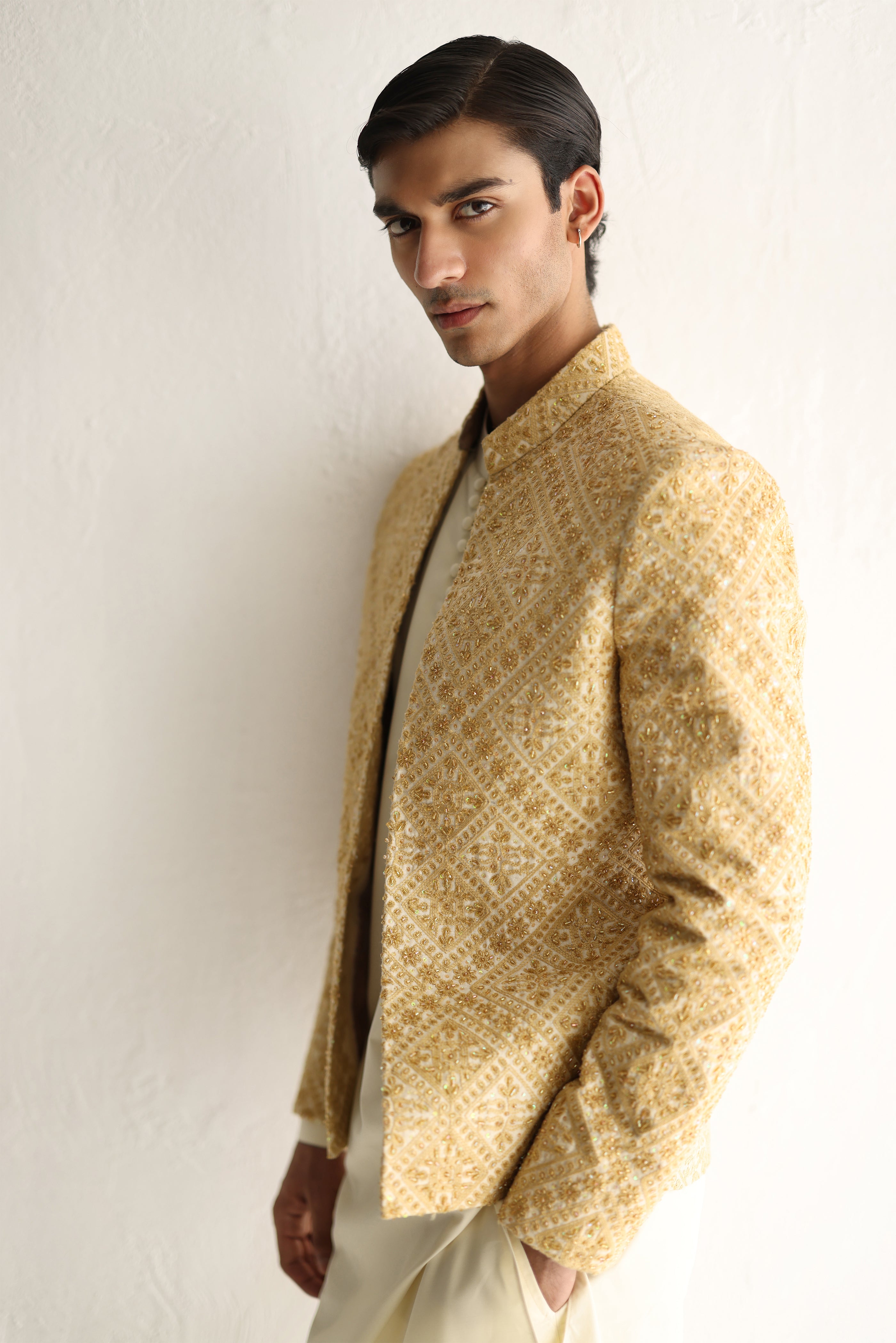 Beige Cut Dana Self-Embossed Prince Coat (2-Piece) - Image 7