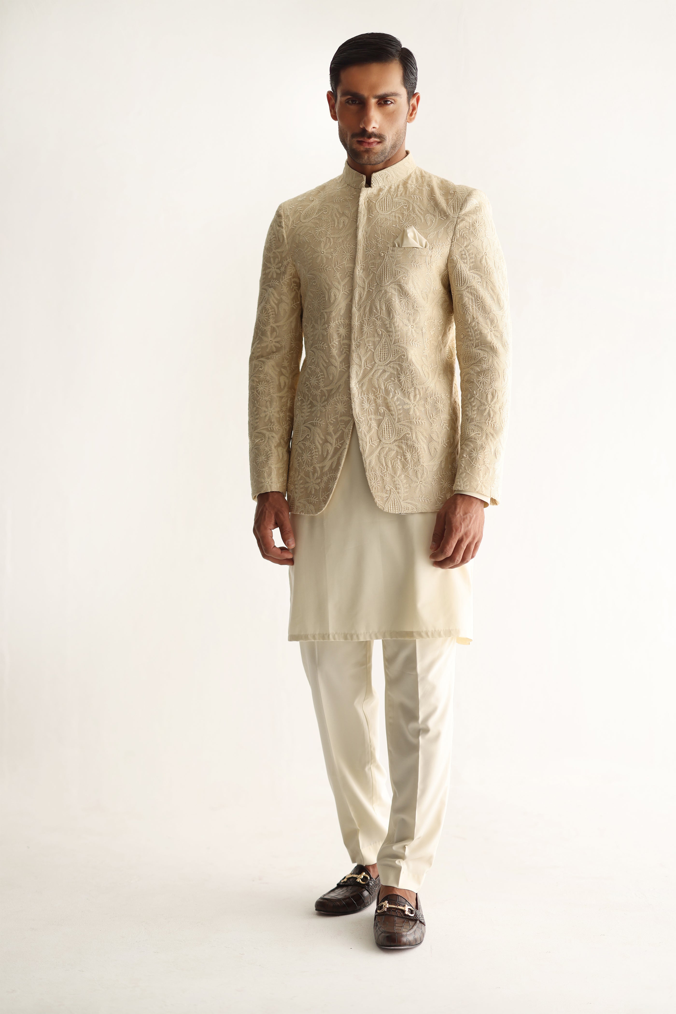 Beige Embossed Prince Coat with Cream Boski Set (3-Piece) - Image 4