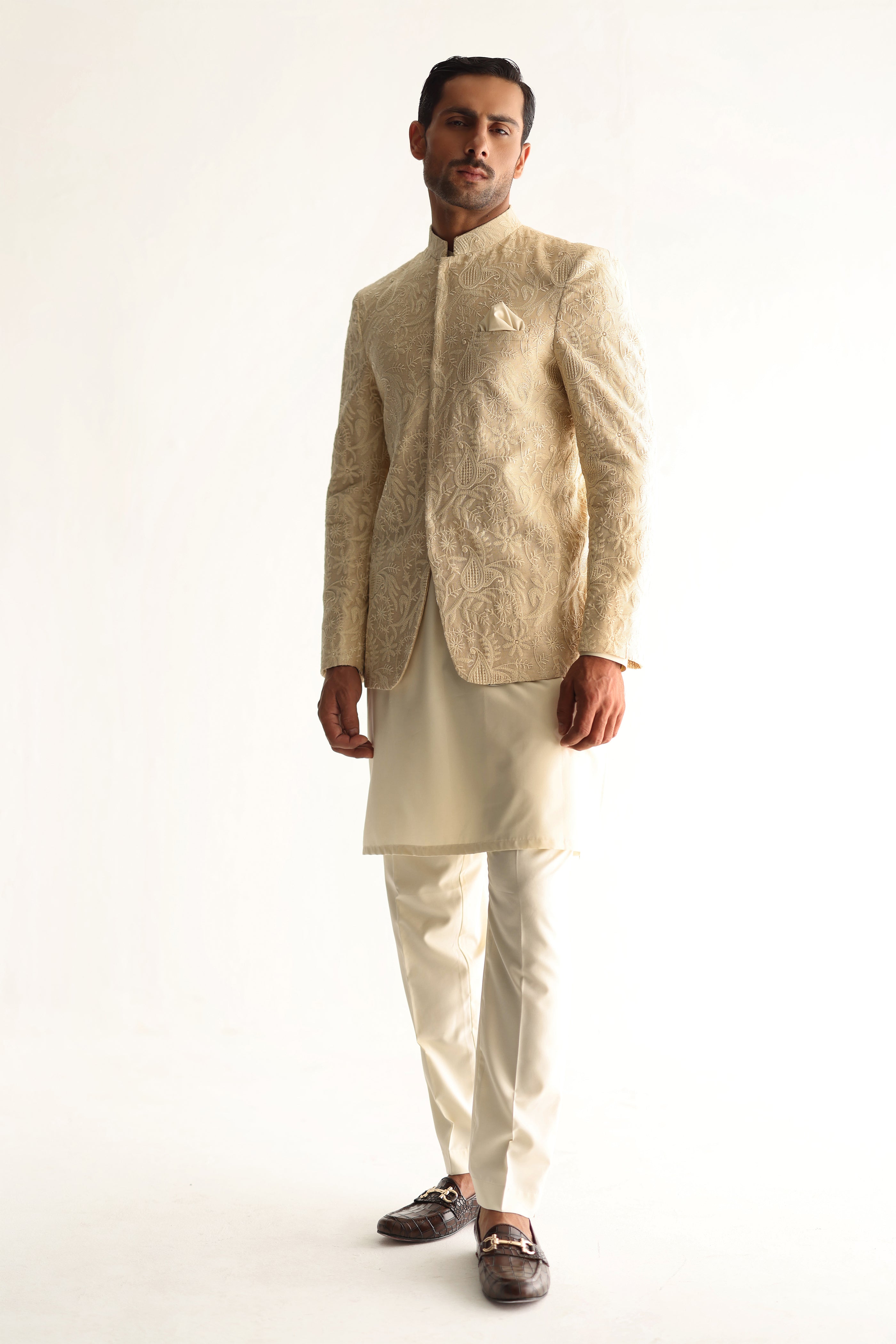 Beige Embossed Prince Coat with Cream Boski Set (3-Piece) - Image 5