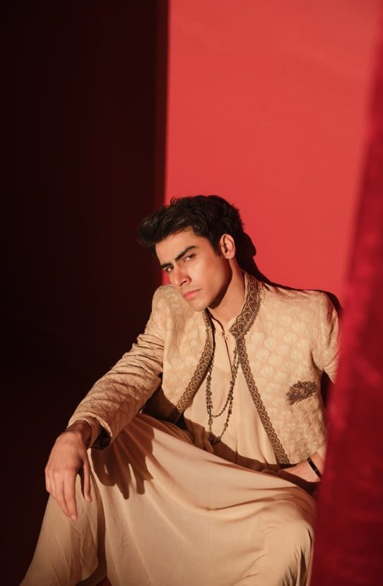 Beige Embroidered Textured Prince Coat (3-Piece) - Image 3