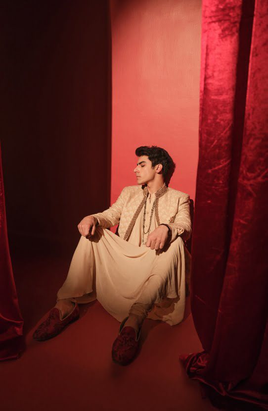 Beige Embroidered Textured Prince Coat (3-Piece) - Image 4