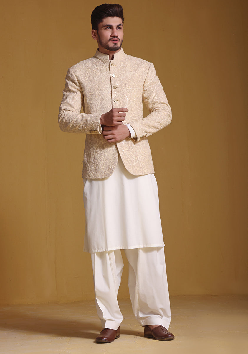 Beige Embroidered Cotton Net Prince Coat (3-Piece) - Image 1