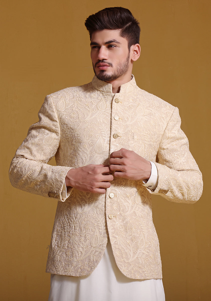 Beige Embroidered Cotton Net Prince Coat (3-Piece) - Image 2