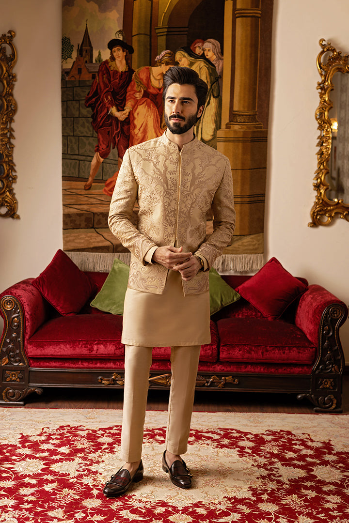 Turkish Beige Embossed Cotton Silk Prince Coat (3-Piece) - Image 2