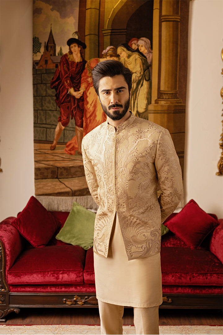 Turkish Beige Embossed Cotton Silk Prince Coat (3-Piece) - Image 3