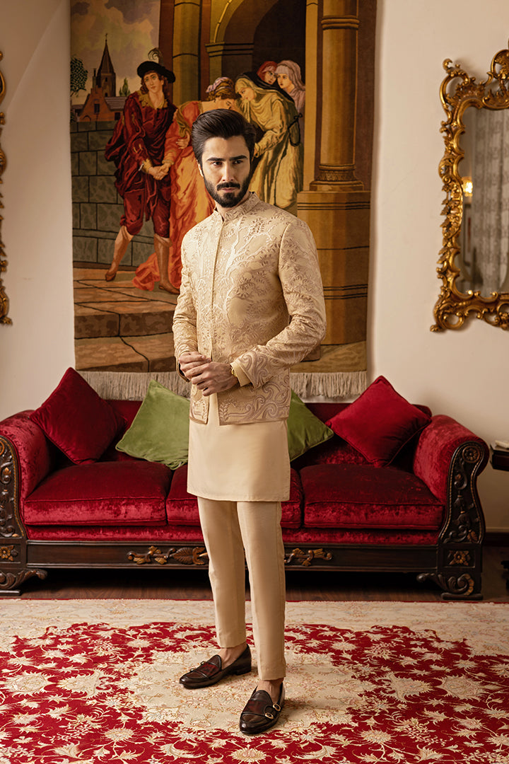 Turkish Beige Embossed Cotton Silk Prince Coat (3-Piece) - Image 4