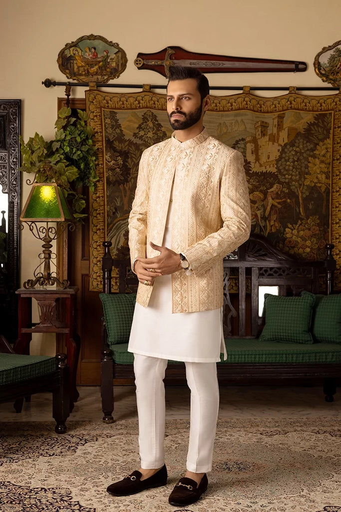 Beige Self-Embossed Prince Coat with Cotton Silk Kurta Pajama (3-Piece) - Image 1