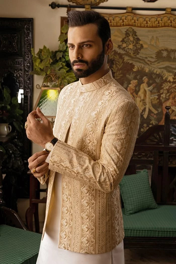 Beige Self-Embossed Prince Coat with Cotton Silk Kurta Pajama (3-Piece) - Image 3