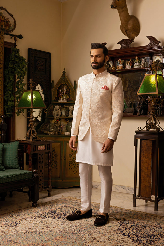 Beige Jacquard Prince Coat with Kurta Pajama (3-Piece) - Image 1