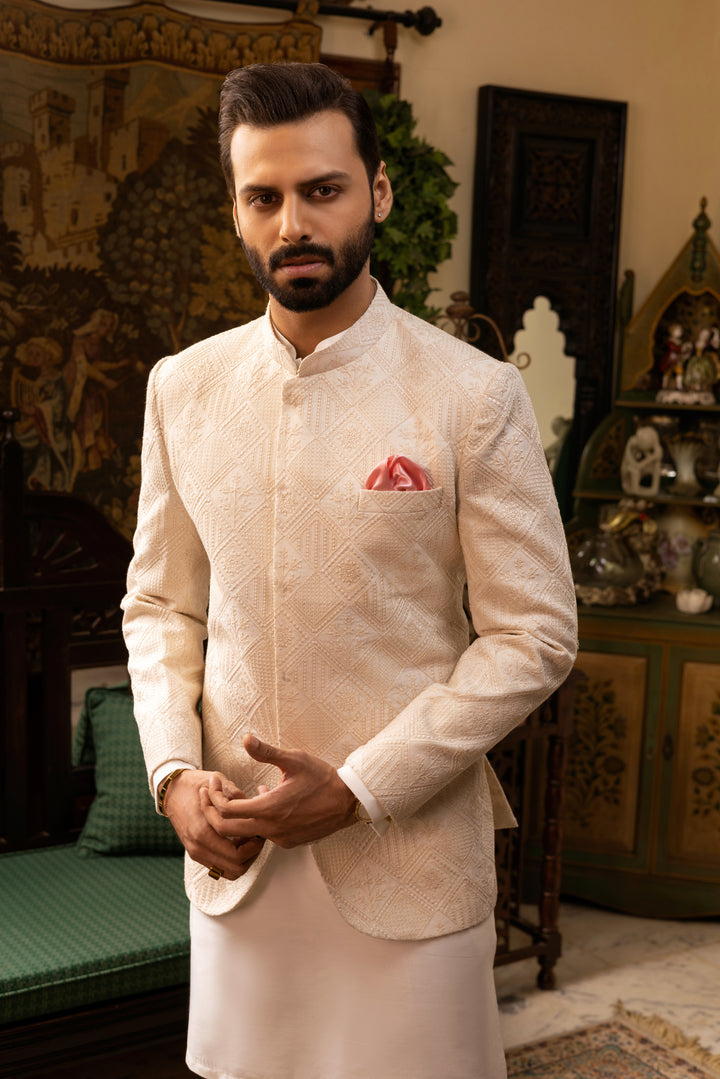 Beige Jacquard Prince Coat with Kurta Pajama (3-Piece) - Image 3