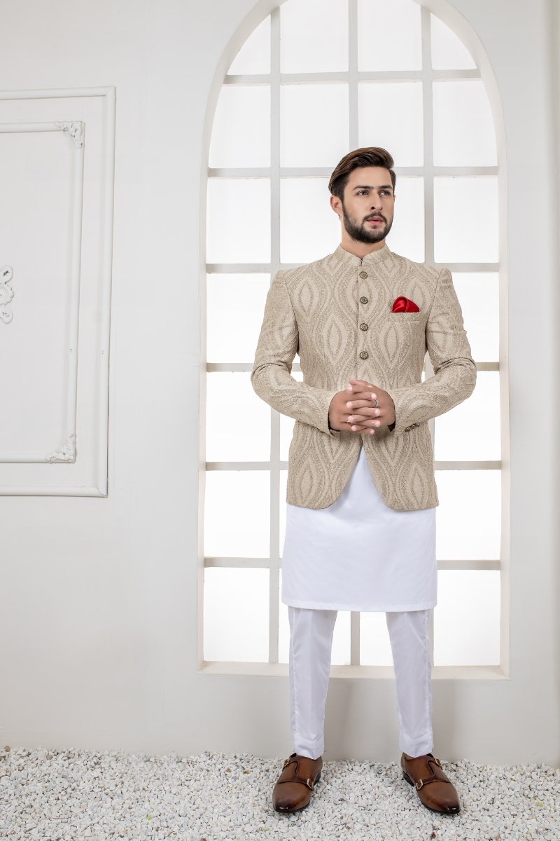 Beige Textured Woven Jacquard Prince Coat (2-Piece) - Image 1