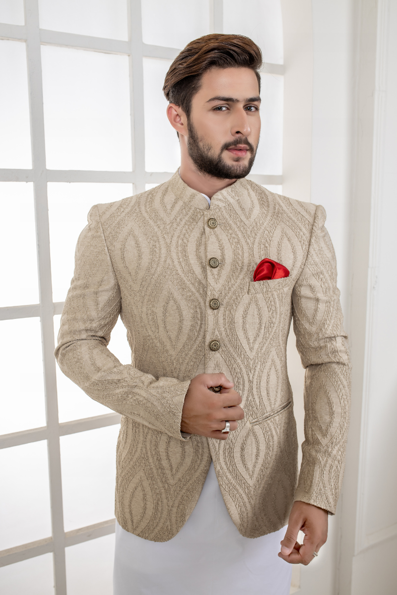 Beige Textured Woven Jacquard Prince Coat (2-Piece) - Image 2