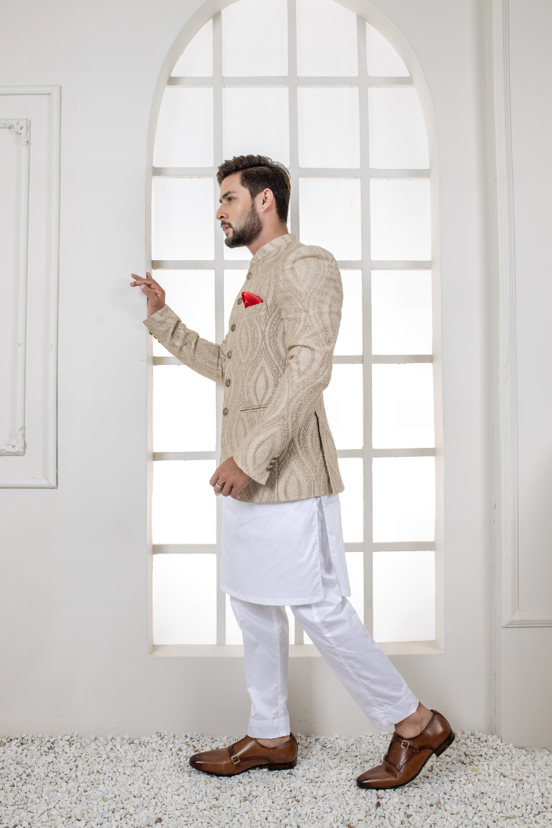 Beige Textured Woven Jacquard Prince Coat (2-Piece) - Image 3