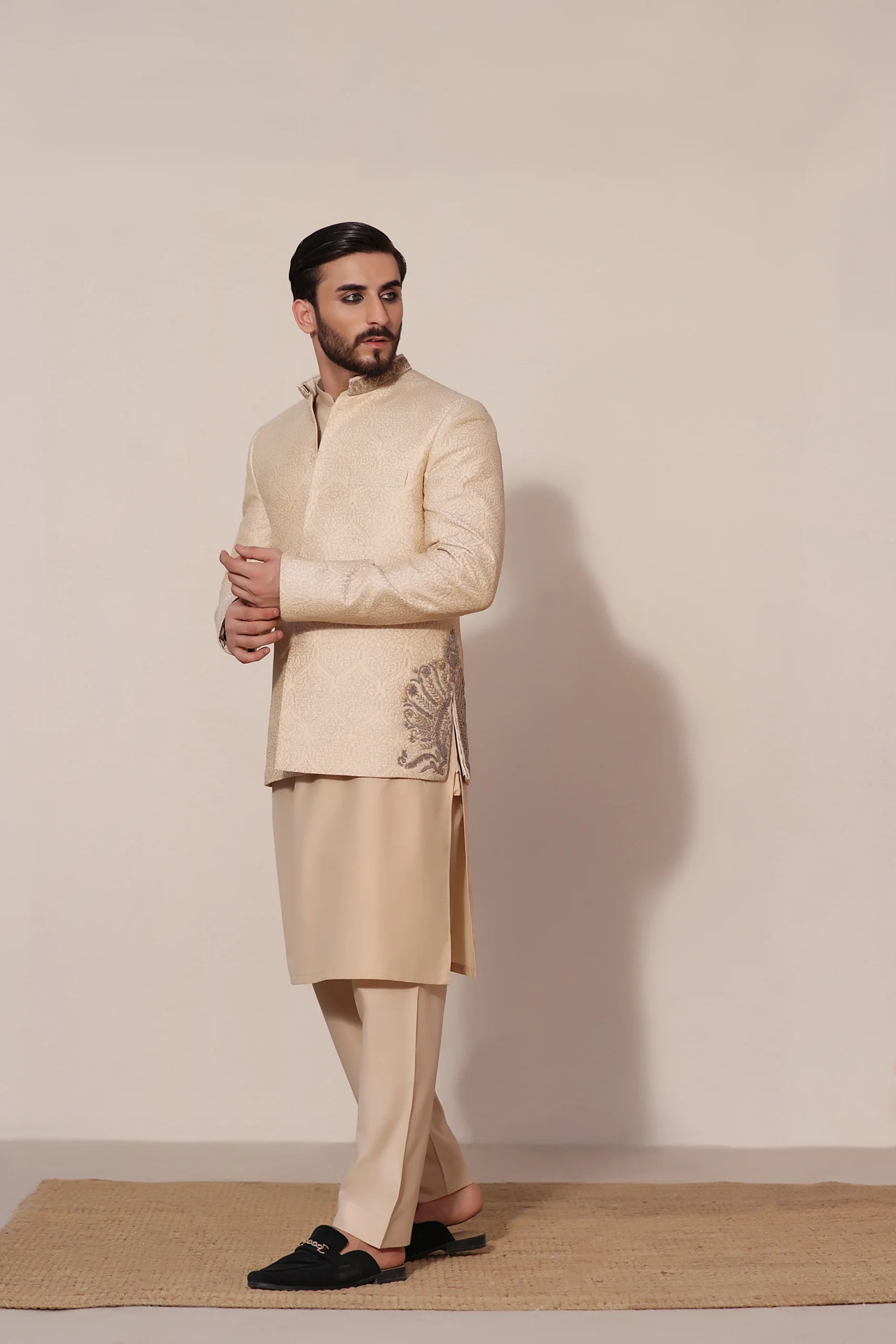 Bisque Jacquard Prince Coat with Side Motif (3-Piece) - Image 1