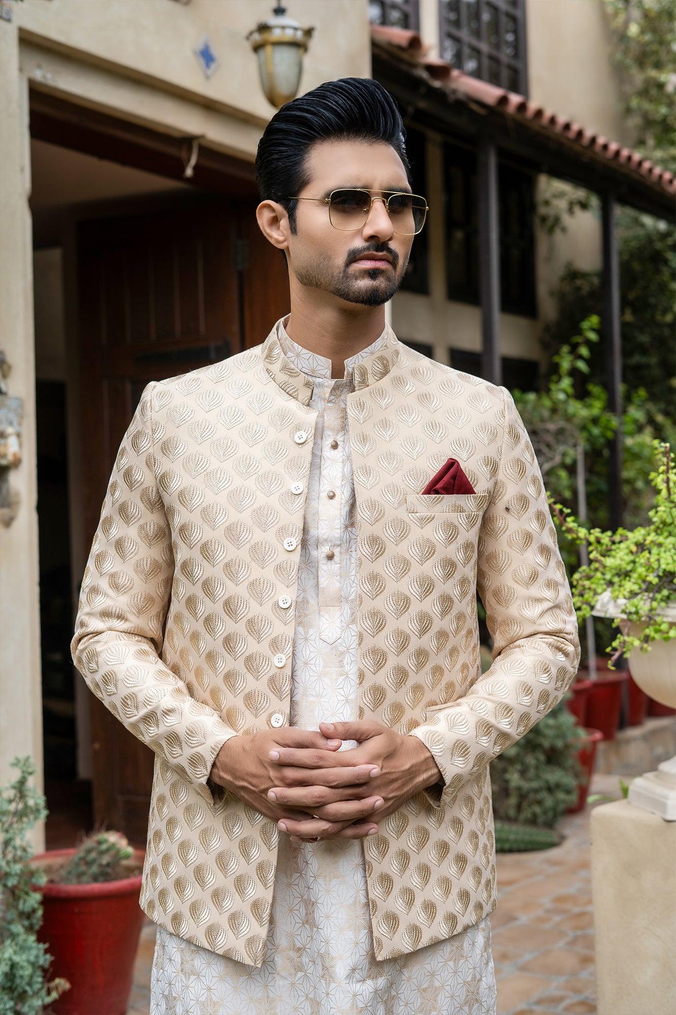 Beige Jacquard Prince Coat (3-Piece) - Image 1