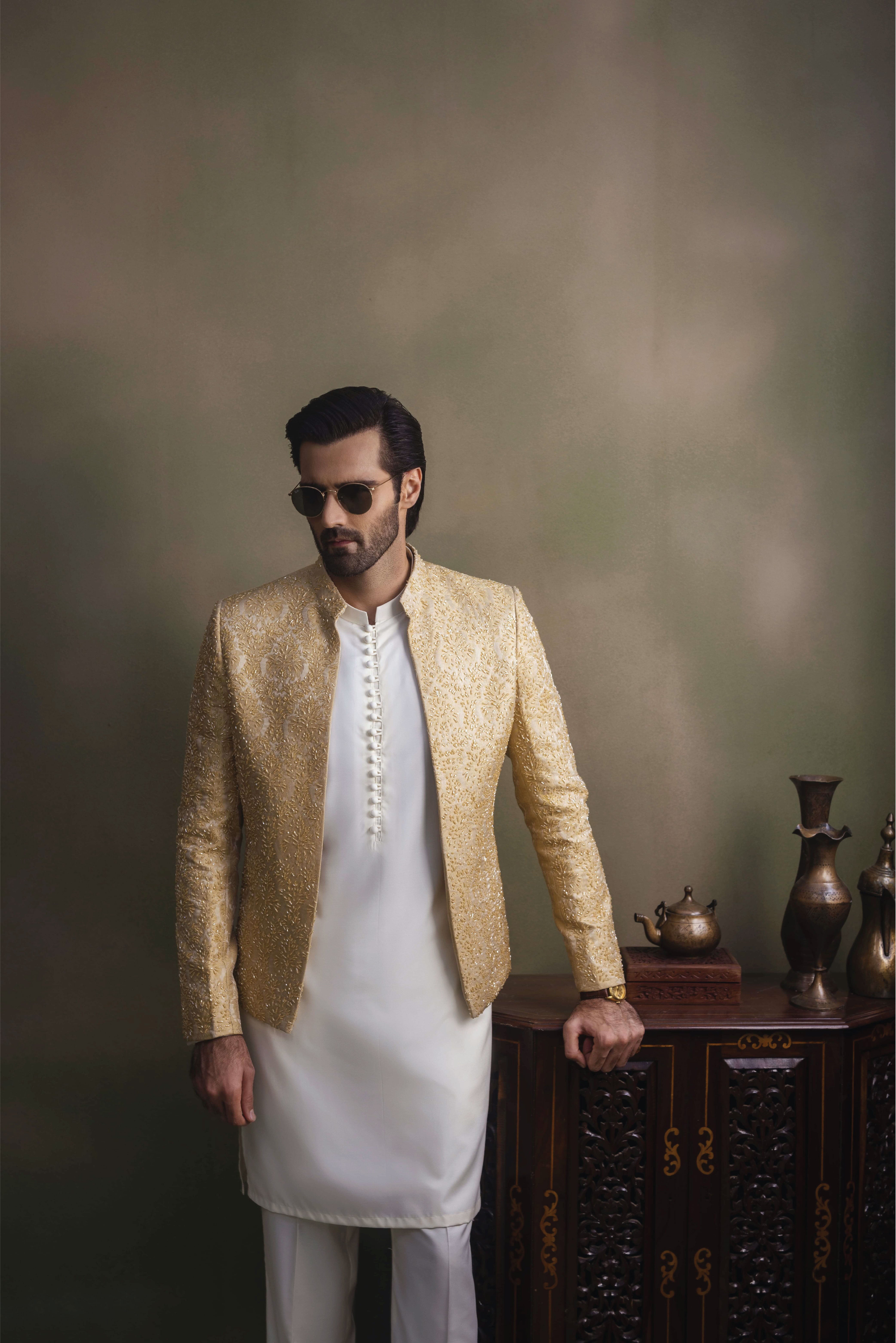 Beige Cutdana Self Jamawar Prince Coat (3-Piece) - Image 3
