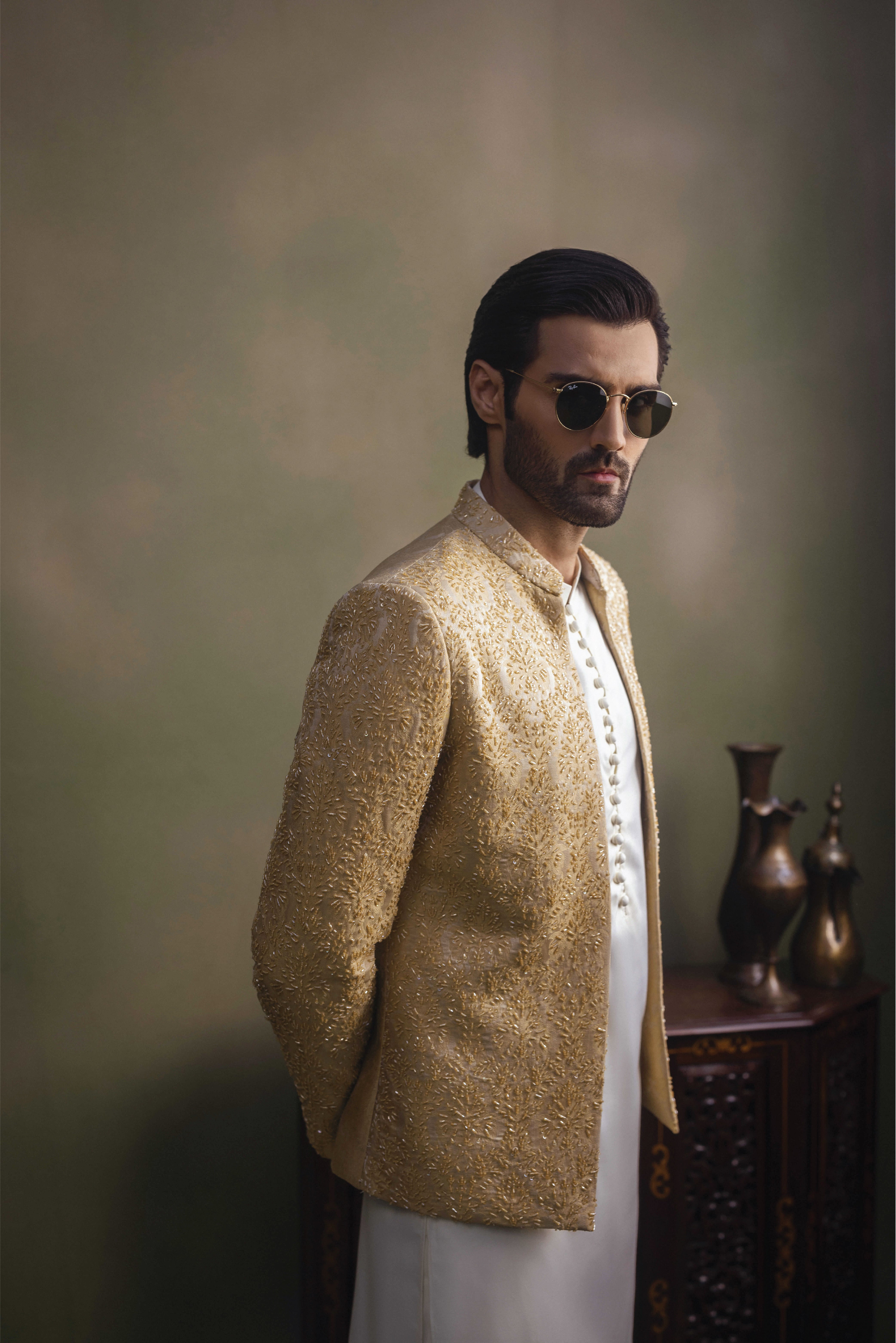 Beige Cutdana Self Jamawar Prince Coat (3-Piece) - Image 4