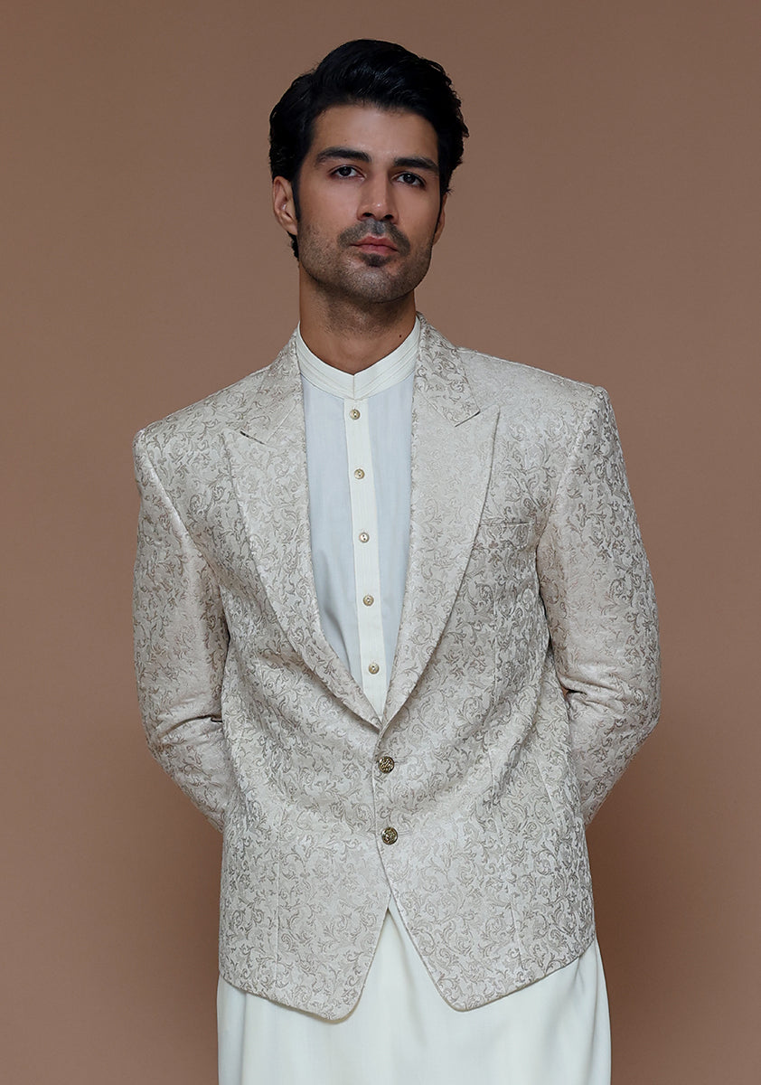 Beige Woven Jamawar Prince Coat (3-Piece) - Image 2