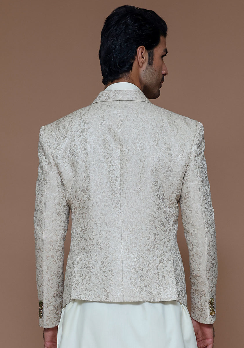 Beige Woven Jamawar Prince Coat (3-Piece) - Image 4