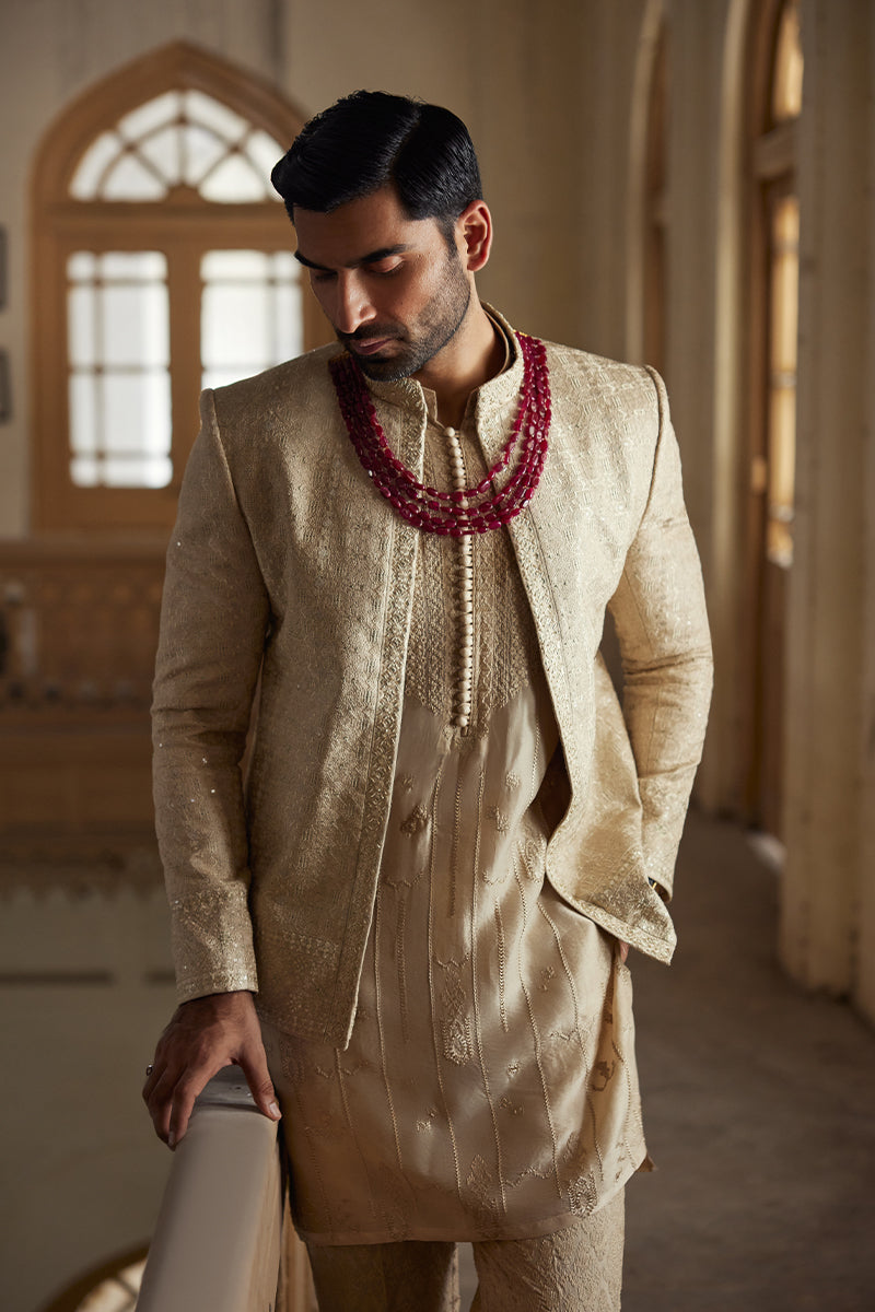 Beige Tilla & Sequin Self-Jamawar Bandhgala Suit (3-Piece) - Image 2