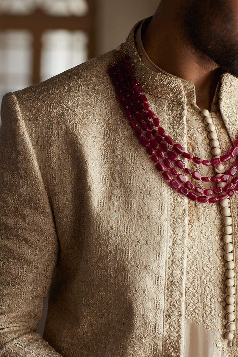 Beige Tilla & Sequin Self-Jamawar Bandhgala Suit (3-Piece) - Image 3