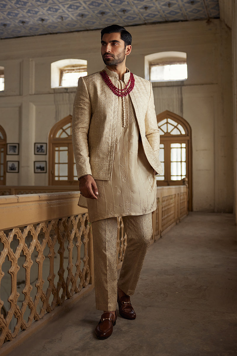 Beige Tilla & Sequin Self-Jamawar Bandhgala Suit (3-Piece) - Image 5