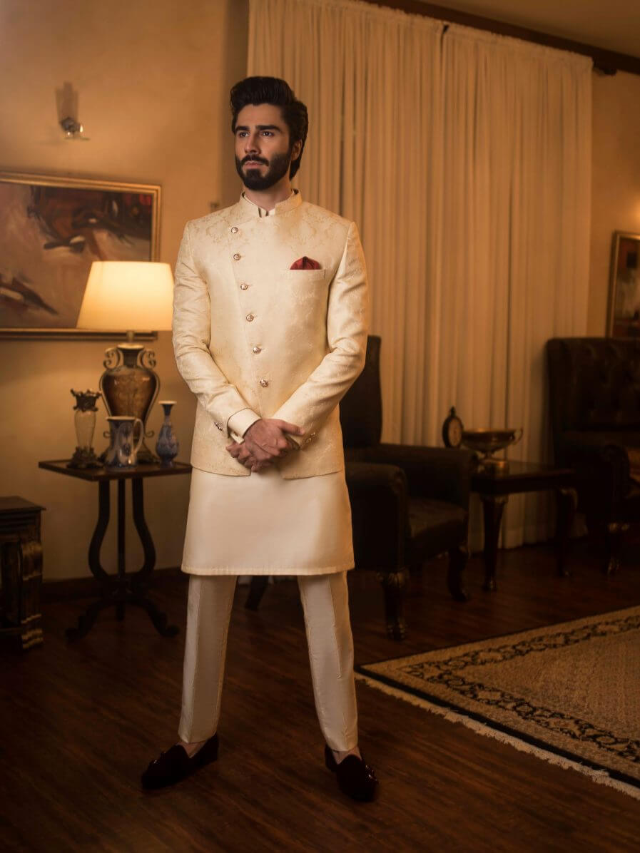 Beige Jamawar Prince Coat with Cotton Silk Kurta Pajama (3-Piece) - Image 3