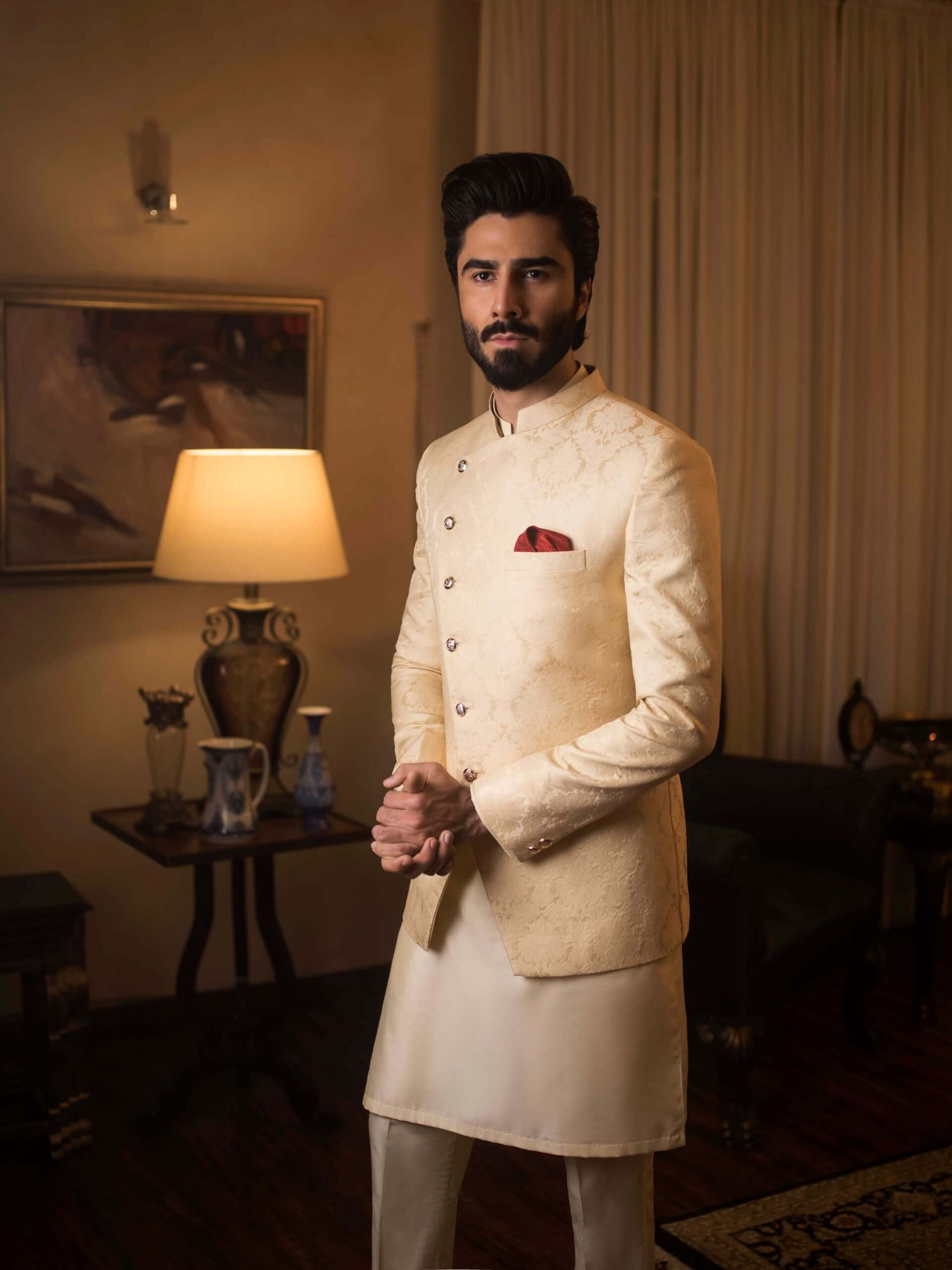 Beige Jamawar Prince Coat with Cotton Silk Kurta Pajama (3-Piece) - Image 5