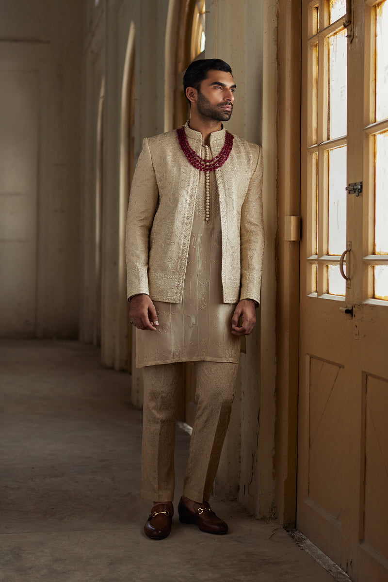 Beige Embroidered Self-Jamawar Prince Coat (3-Piece) - Image 1