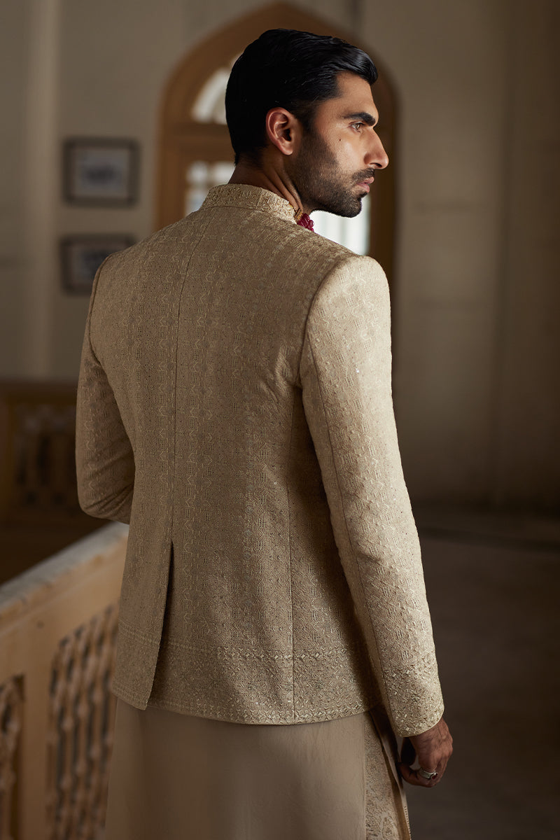 Beige Embroidered Self-Jamawar Prince Coat (3-Piece) - Image 4