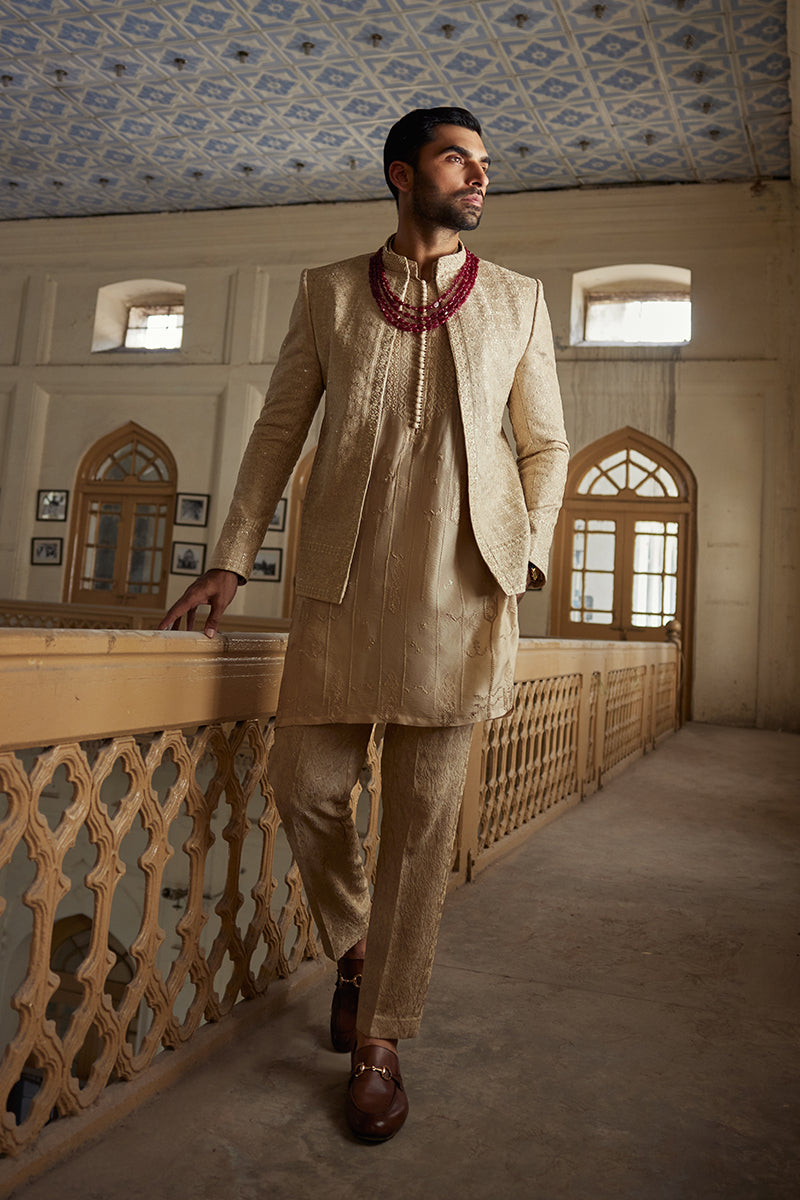 Beige Embroidered Self-Jamawar Prince Coat (3-Piece) - Image 6