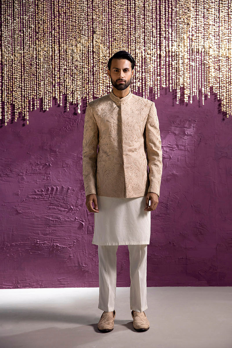 Beige Embroidered Karandi Prince Coat (3-Piece) - Image 2
