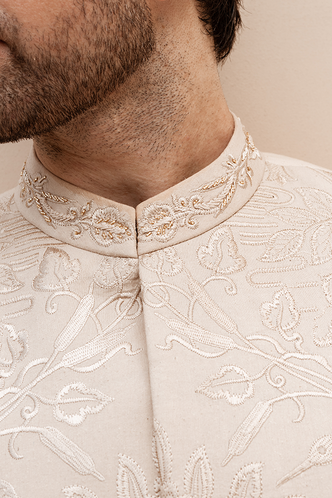 Beige Embroidered Karandi Prince Coat (3-Piece) - Image 6