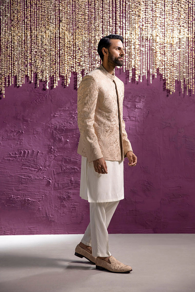 Beige Embroidered Karandi Prince Coat (3-Piece) - Image 4