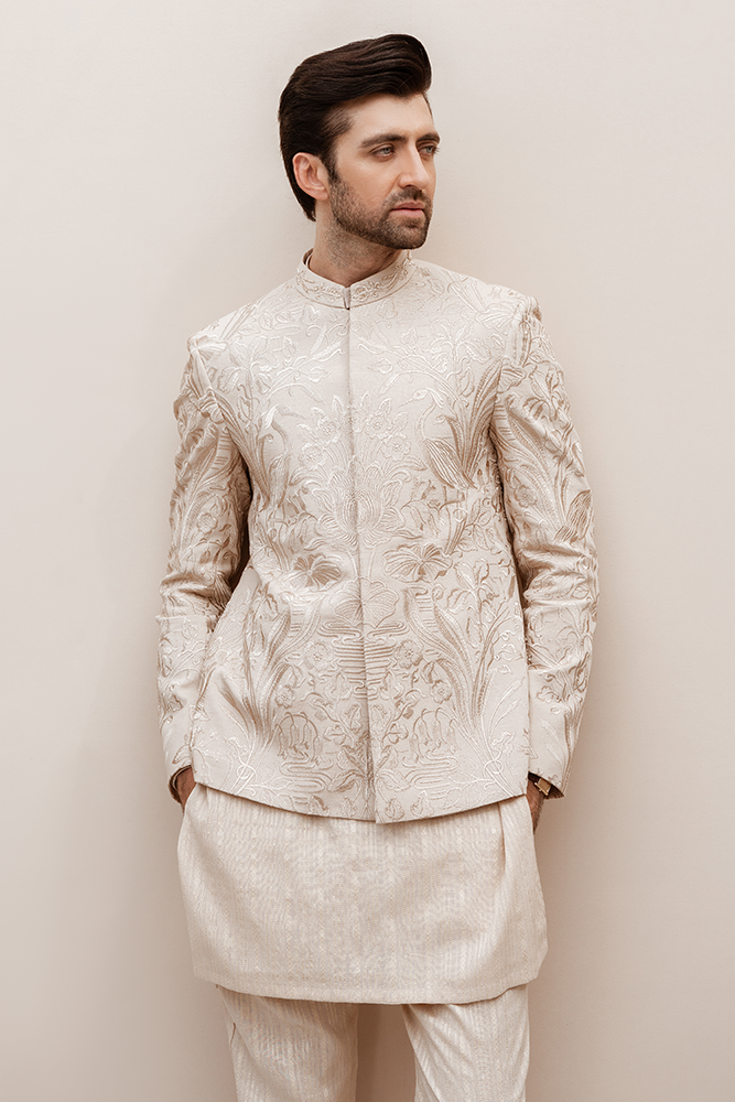 Beige Embroidered Karandi Prince Coat (3-Piece) - Image 5