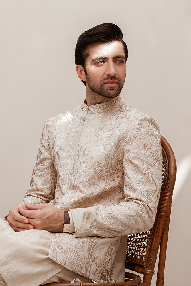 Beige Embroidered Karandi Prince Coat (3-Piece) - Image 8